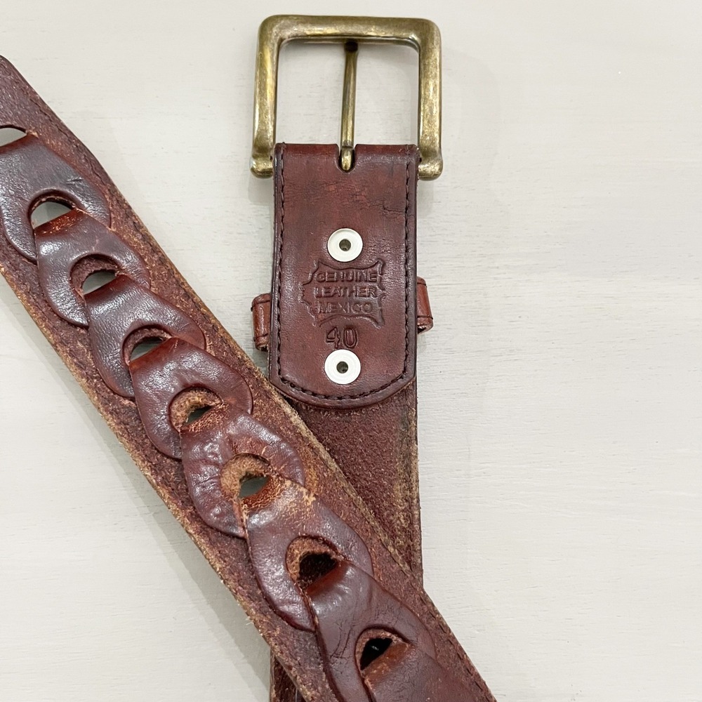 Men's Belt Genuine Leather Mexico Brown Braided Loop Chain Buckle Size 40 - Picture 8 of 10